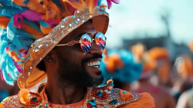 Smiling man in vibrant carnival attire dances joyfully while celebrating at a lively street festival in the heart of the city during the festive season