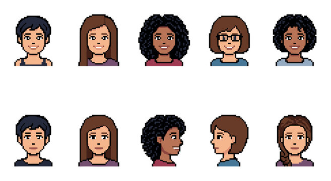 Collection of diverse female pixel art character portraits showing different hairstyles and ethnicities from front and side profile views for a video game or online avatar