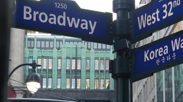 New York City Gimbels bridge, Manhattan Midtown, United States of America. Broadway sign, skybridge on Herald Square, USA. Gimbels traverse on 6 avenue. Historic elevated walkway 1925, copper patina.