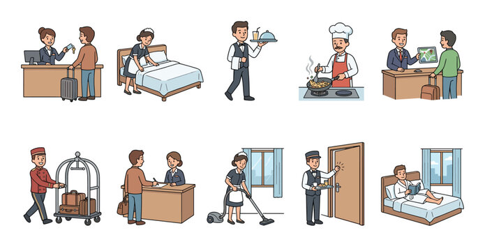 Hotel staff and service cartoon illustration set showing a receptionist, maid, chef, and bellboy providing hospitality to guests during their stay