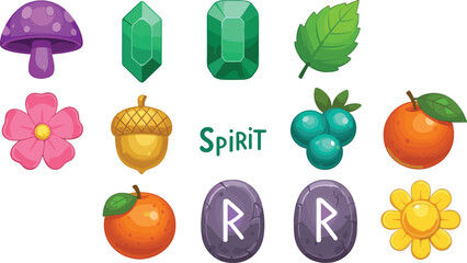 Fantasy game icon set featuring purple mushroom emerald gems green leaf pink flower acorn blueberries orange runes and sun symbol. © MdSabed