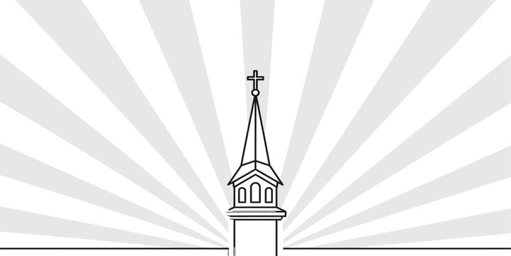 A black and white illustration of a church steeple with a cross on top