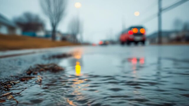 Rainwater funneling into a metal storm drain on a wet city street, rippling reflections and blurred car lights in the background during a cold, rainy urban night