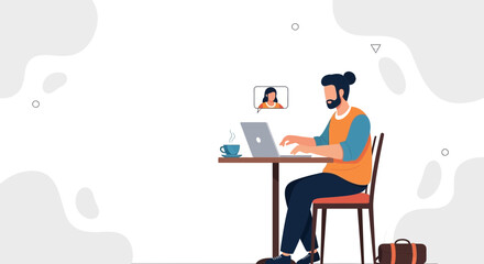 Fototapeta premium Man working remotely on laptop in cafe with video call, freelance lifestyle