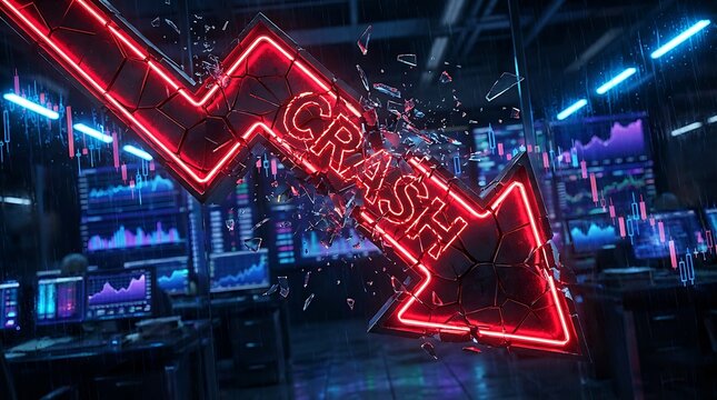 Financial market crash with glowing red downward arrow and digital trading screens showing economic decline