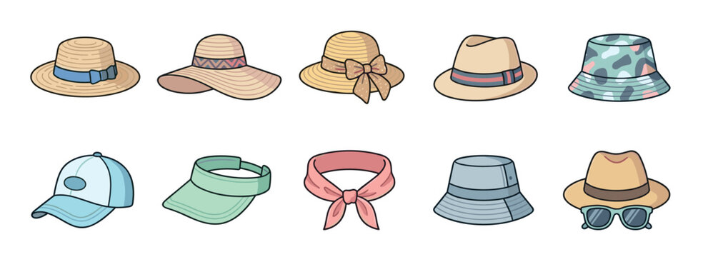 Collection of various summer hats and headwear including straw sun hats, bucket hats, a baseball cap, and a visor, presented as a colorful cartoon vector illustration set for fashion concepts