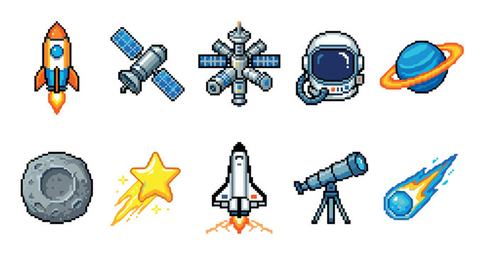 Collection of pixel art space icons featuring a rocket, satellite, astronaut, planet, and moon in a retro 8-bit video game style for digital assets and design elements