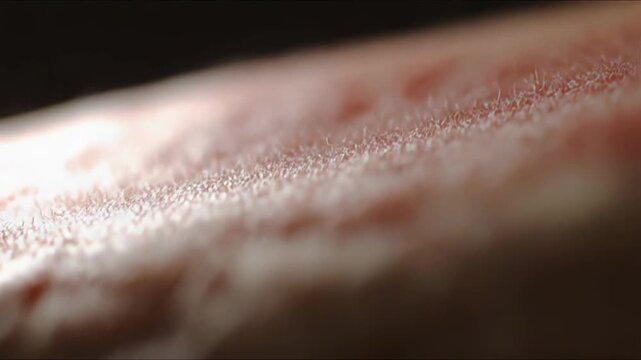 Human skin reacting to cold temperatures, developing goosebumps with raised hair follicles and visible pores on the surface, emphasizing sensation and body response