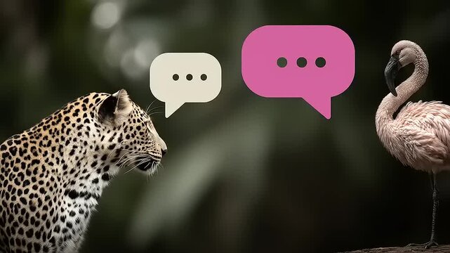 Unlikely Conversation: An Artistic Depiction of a Leopard and Flamingo Interacting with Speech Bubbles