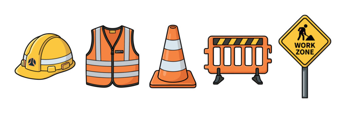 Set of construction safety equipment icons including a hard hat, reflective vest, traffic cone, barrier, and work zone sign in a flat cartoon vector illustration style
