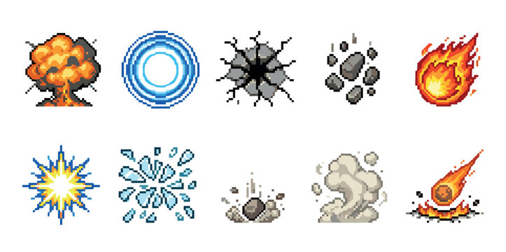 Collection of pixel art special effects sprites for retro video games, including a fiery explosion, meteor, smoke cloud, water splash, impact crack, and energy wave