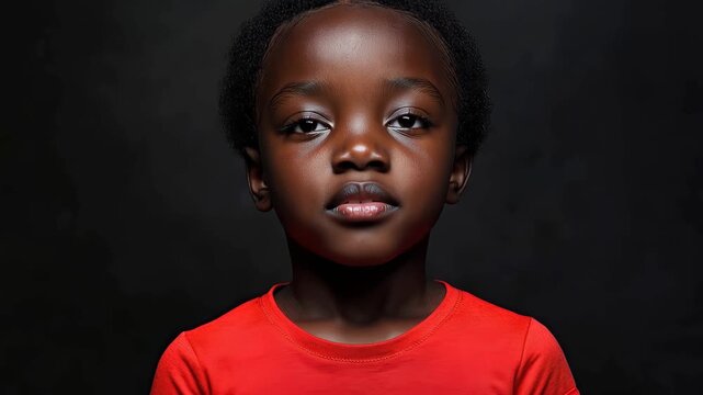 Child in a red t-shirt with closed eyes exhibiting a somber expression against a dark background capturing the essence of innocence and challenge in life