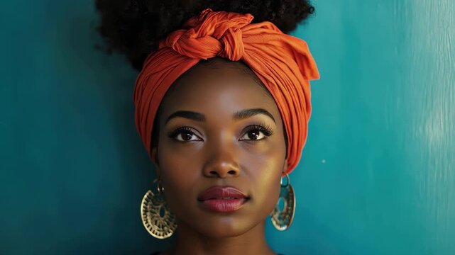 Modern African American woman with curly hair elegantly adorned with an orange head wrap poses against a vibrant turquoise background while closing her eyes in a moment of serenity