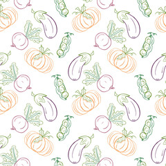 Fototapeta premium Seamless pattern with hand drawn vegetables eggplant, pumpkin and radish