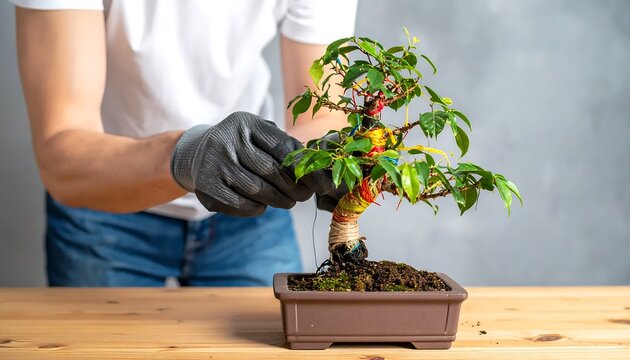 A person pruning a small potted tree on a wooden table