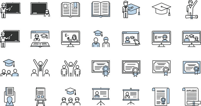 Professional education icon set featuring graduation caps diplomas online learning certificates classroom teaching and student achievement symbols for academic branding design.