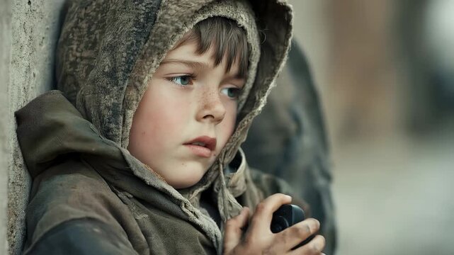 Homeless child wearing a worn out camera cap while sitting against a wall in an urban environment on a cold day