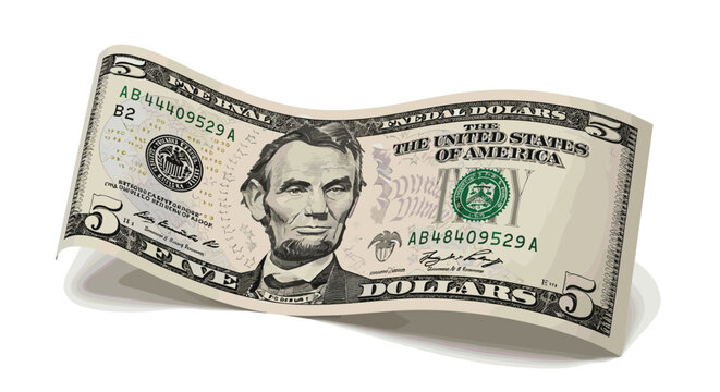 US 5 Dollar Banknote Vector Illustration with Abraham Lincoln Design for Finance, Currency, and Money-Themed Graphics