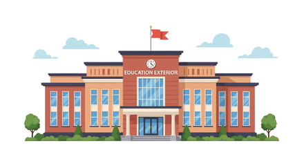 Obraz premium Modern School Building Exterior Facade with Flag and Clock