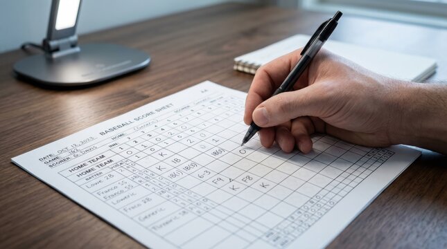 Hand scoring a baseball game on a score sheet, tracking player performance and game progress