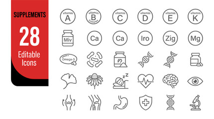 Set of 28 editable health and nutrition icons on white background for infographics © jannat Stock