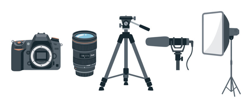 Photography and videography equipment collection includes camera, lens, tripod, microphone, and softbox for professional content creation.