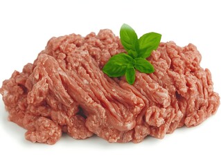 Obraz premium Fresh Minced Meat on White Background with Green Herb Garnish for Culinary Use and Recipes