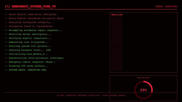 Emergency System Core Corruption Memory Dump Reboot Sequence.