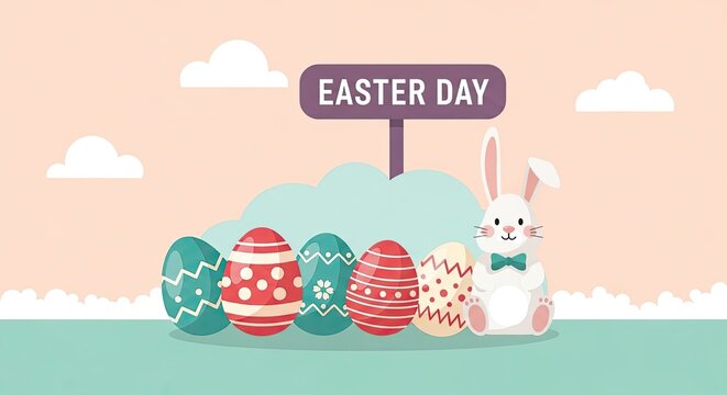 Easter day line art vector illustration with easter eggs and bunny