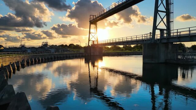 A wastewater treatment plant clarifier tank during a golden sunset.