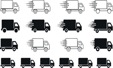 Delivery truck and logistics icons set, fast shipping transport cargo service and courier symbols modern vector illustration © Munna graphics