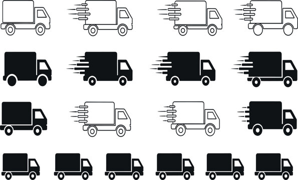 Delivery truck and logistics icons set, fast shipping transport cargo service and courier symbols modern vector illustration