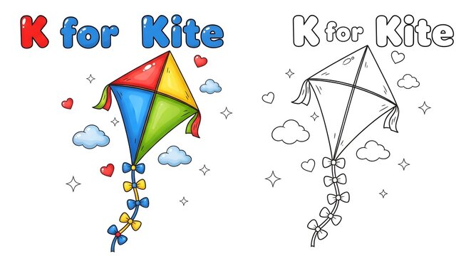 Colorful kite illustration with alphabet letter k for kids to color