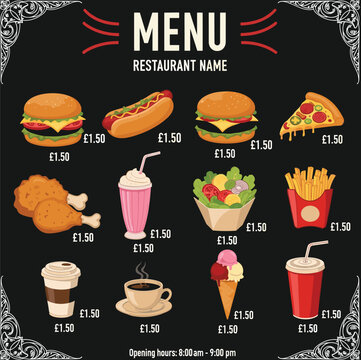 Fast food restaurant menu template with burgers hot dog pizza drinks and snacks chalkboard style vector illustration