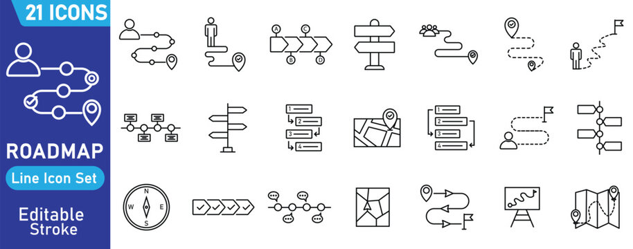Roadmap outline icons collection. 21 line icons, editable stroke. Vector illustration.