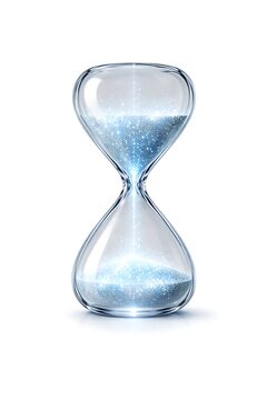 A glass hourglass filled with glowing data particles instead of sand, modern time concept, isolated on white background.