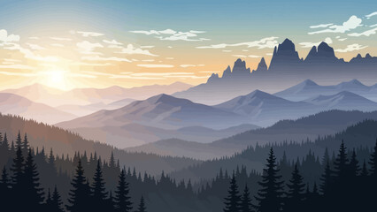 Fototapeta premium Serene Mountain Landscape Illustration Depicting Layers of Peaks, Trees, and Sky