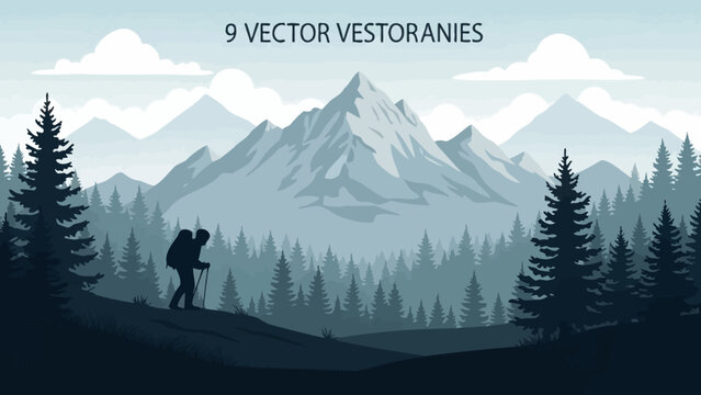 Silhouette of Hiker with Backpack Ascending Mountain Slope in Nature Scene