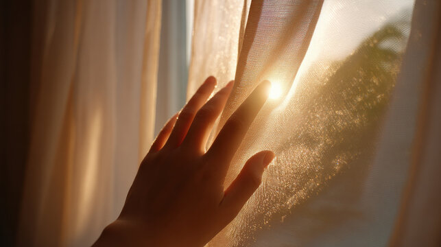 Soft morning light sunrise sheer curtain human hand warm glow window dawn peaceful gentle touch optimistic mood Soft morning light sunrise filters through sheer curtain as human hand reaches