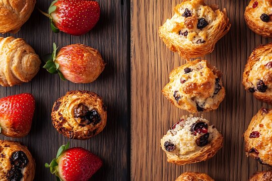 Fresh Baked Pastries and Strawberries on Wooden Background for Culinary Display