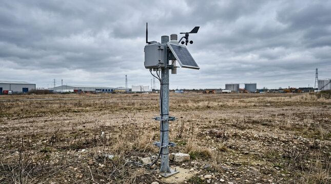 Environmental Monitoring Station in a Desolate Industrial Landscape Under Overcast Sky