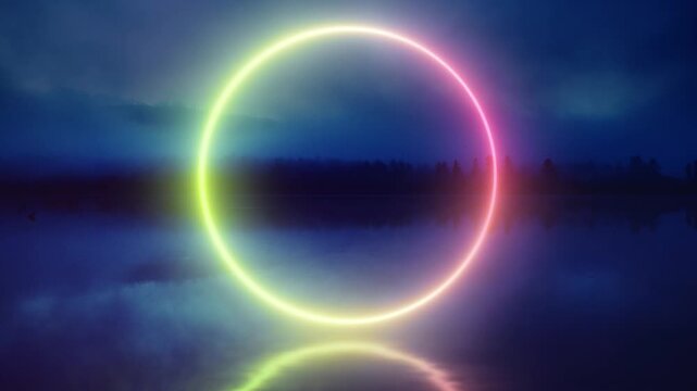 Trending neon heart lights changing colors in a dark background with reflections