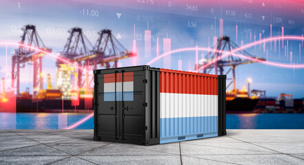 Luxembourg Trade: A cargo container emblazoned with the Luxembourg flag stands poised against a backdrop of active shipping ports, symbolizing the nation's pivotal role in global trade and logistics. © bao