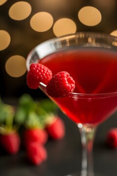 Elegant Red Raspberry Martini Cocktail Garnished with Fresh Berries and Soft Bokeh Lights in the Background, Perfect for Celebrations and Romantic Evenings. Elegant Red Raspberry Martini Cocktail Gar