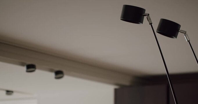 Sleek, modern black standing lamps in a minimalist interior. Contemporary design with elegant lighting fixtures. Perfect for home decor, office spaces, and stylish ambience.Modern Black Standing Lamps