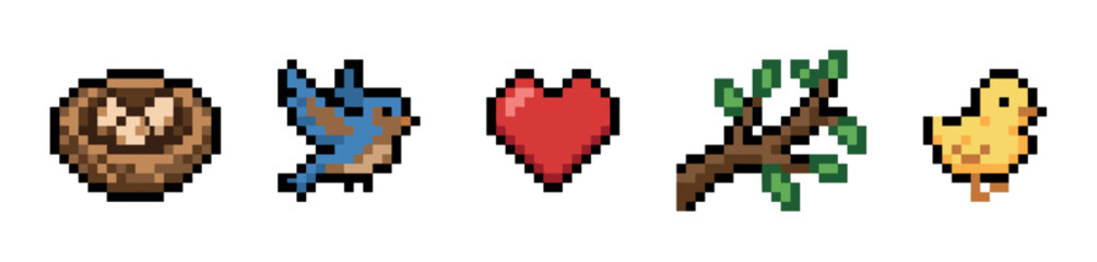 Fototapeta premium Collection of charming pixel art icons depicting various nature and love elements, perfect for retro game design and digital projects.