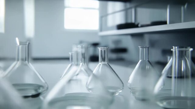 Scientific glassware fills a sterile laboratory environment, creating a clean backdrop for chemical research, medical experiments, and technological innovation