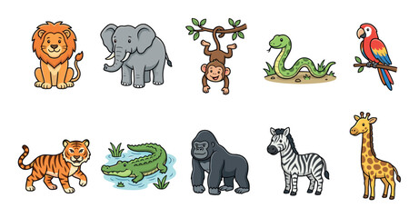 Naklejka premium Cute cartoon wild animals collection featuring a lion, elephant, monkey, snake, parrot, tiger, alligator, gorilla, zebra, and giraffe.