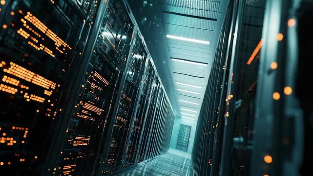 Server room rows of active mainframe racks with glowing status lights, cables and cooling, illustrating secure data storage, cloud infrastructure and high performance networking