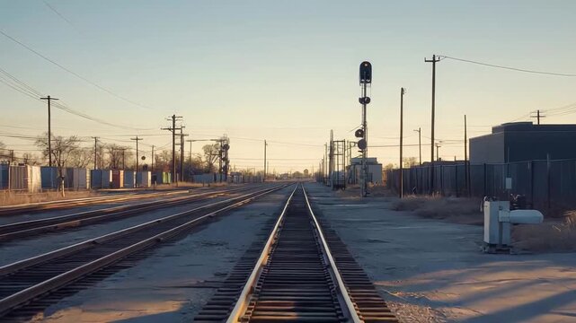 Railroad tracks extending into the distance, converging at a vanishing point under a clear sky during the soft light of a setting sun, evoking themes of journey, connection, and solitude